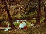 Woodland Canvas Paintings - Two Women Seated By A Woodland Stream